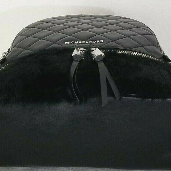 MICHAEL KORS RHEA ZIP MEDIUM BACKPACK BLACK QUILT LEATHER RABBIT FUR BAG NWT! - Picture 12 of 12